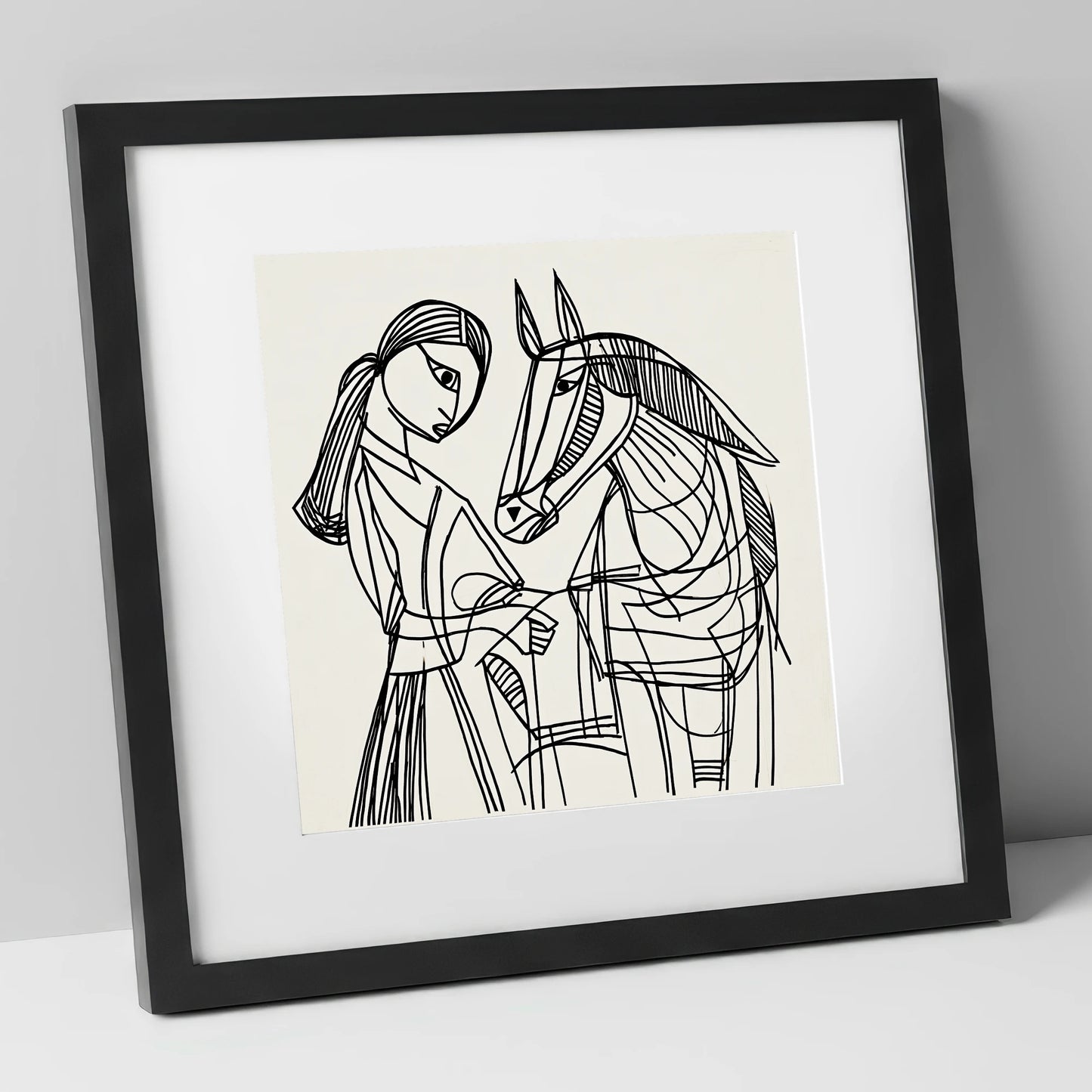 Lines of Connection horse & rider art print in black frame