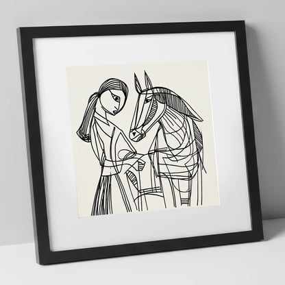 Lines of Connection horse & rider art print in black frame