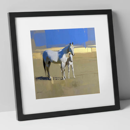 Midsummer Greys mare & foal art print in black frame