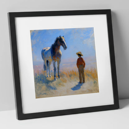 A Quiet Understanding horse & rider art print in black frame