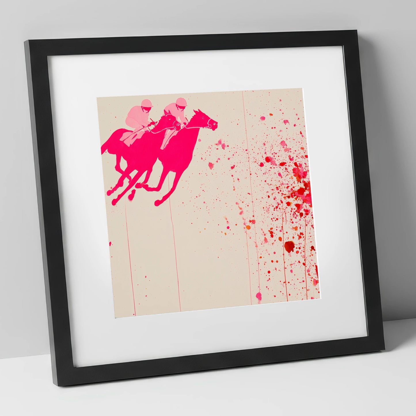 Vibrant Photo Finish racing horse art print in black frame