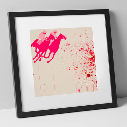Vibrant Photo Finish racing horse art print in black frame