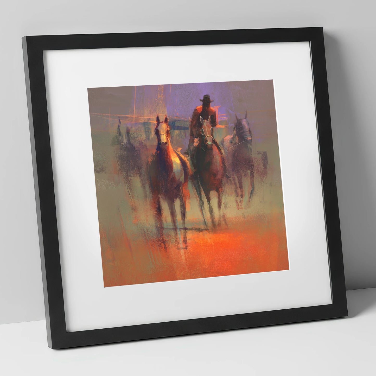 Through the Morning Dust racing horse art print in black frame