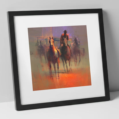 Through the Morning Dust racing horse art print in black frame