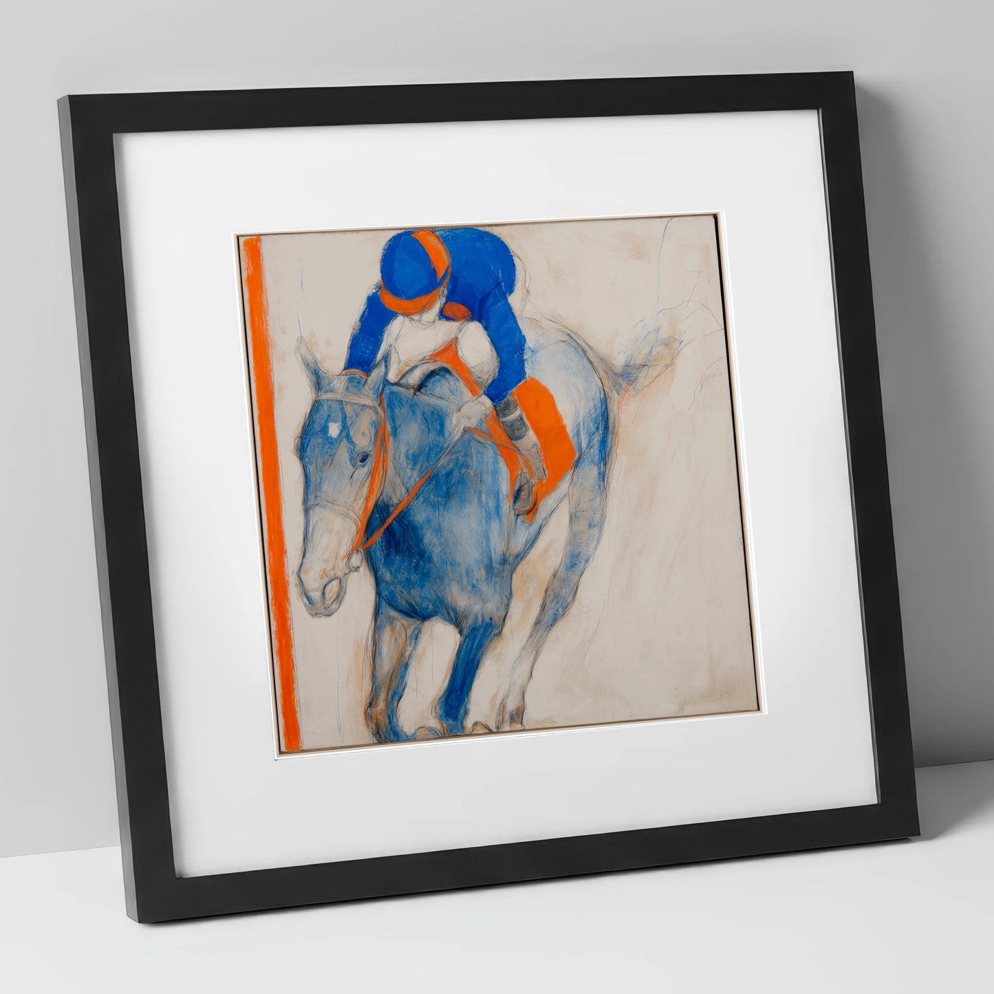 Ultramarine Gallop racing horse art print in black frame