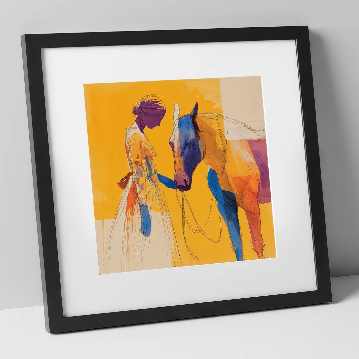 Vibrant Connection horse & rider art print in black frame