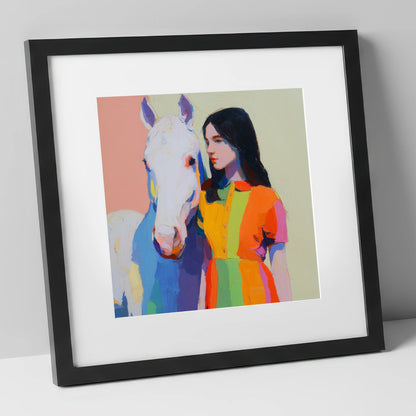 Vibrant Harmony horse & rider art print in black frame