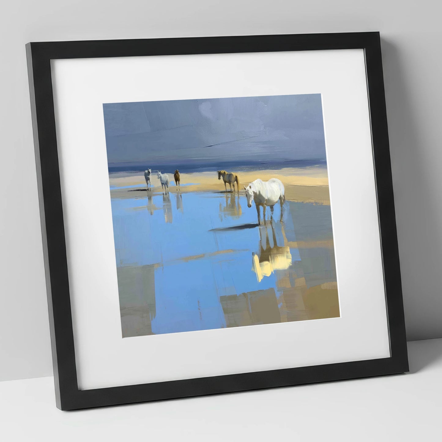 Stillness in the Shallows horse landscape art print in black frame