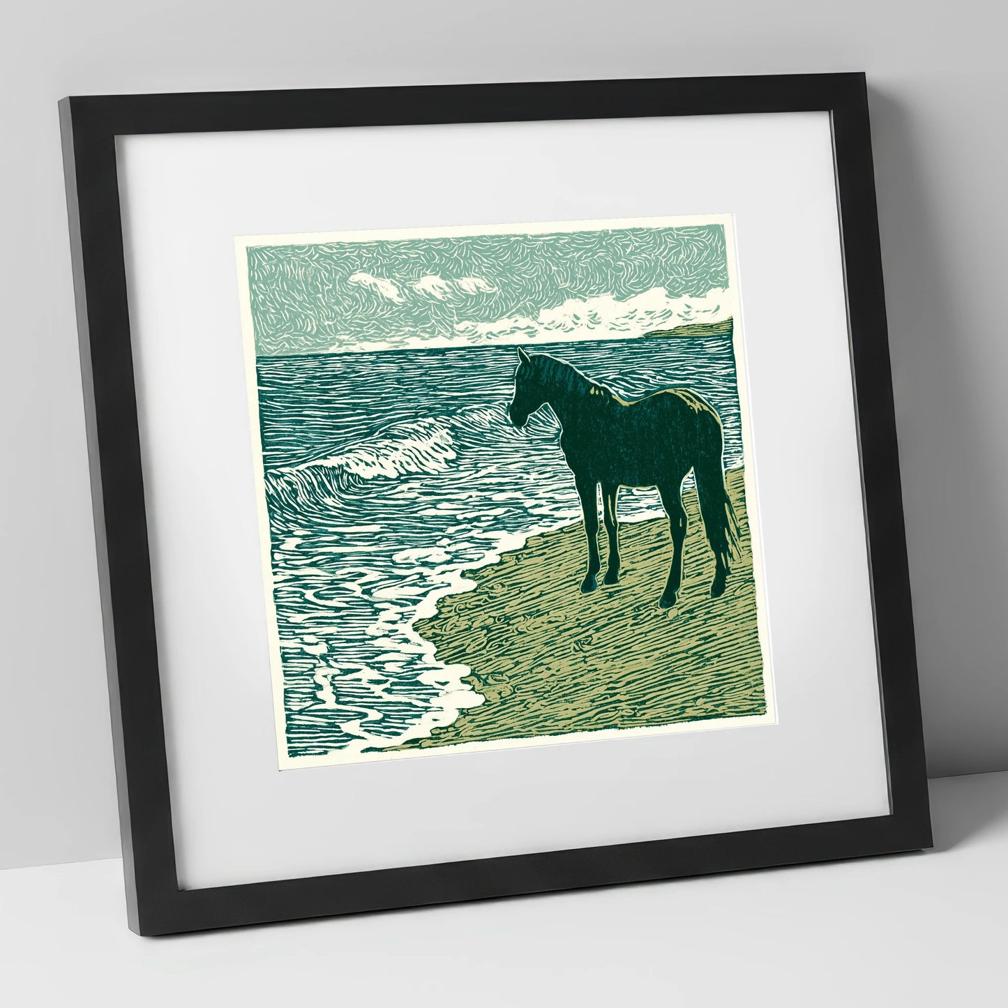 Shoreline Watch horse landscape art print in black frame