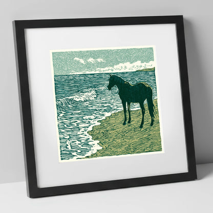 Shoreline Watch horse landscape art print in black frame
