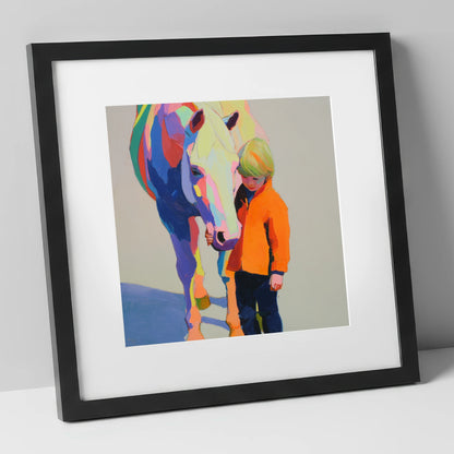 Radiant Bond horse & rider art print in black frame
