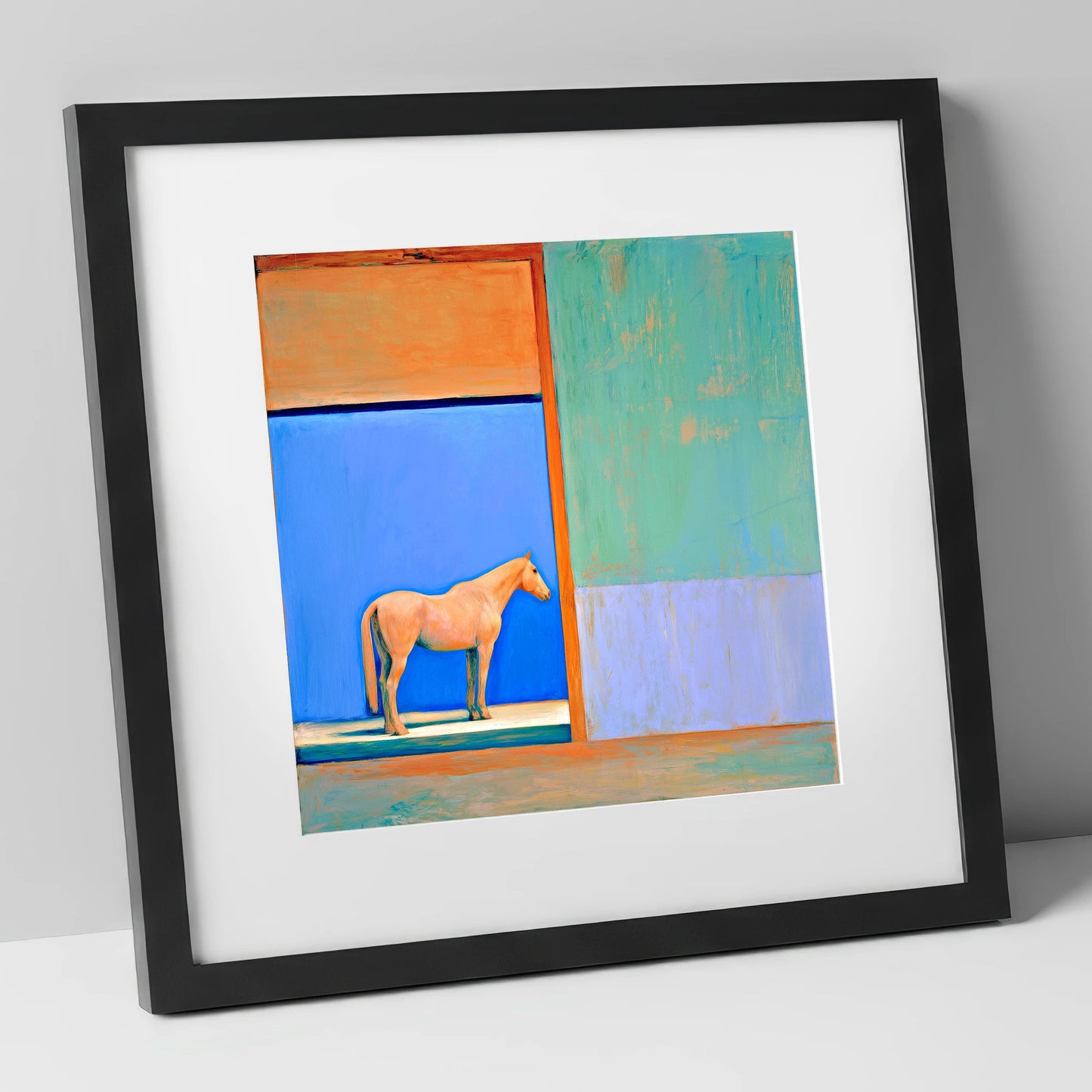 Cobalt Stable Light horse stable art print in black frame