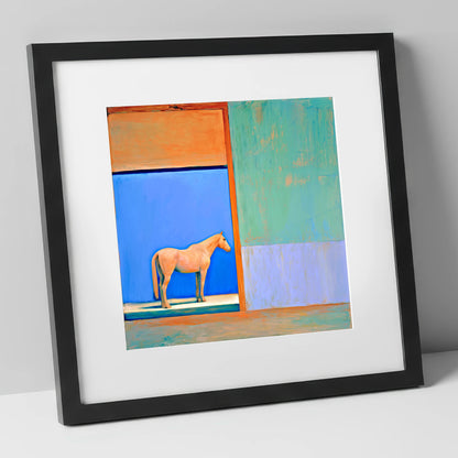 Cobalt Stable Light horse stable art print in black frame