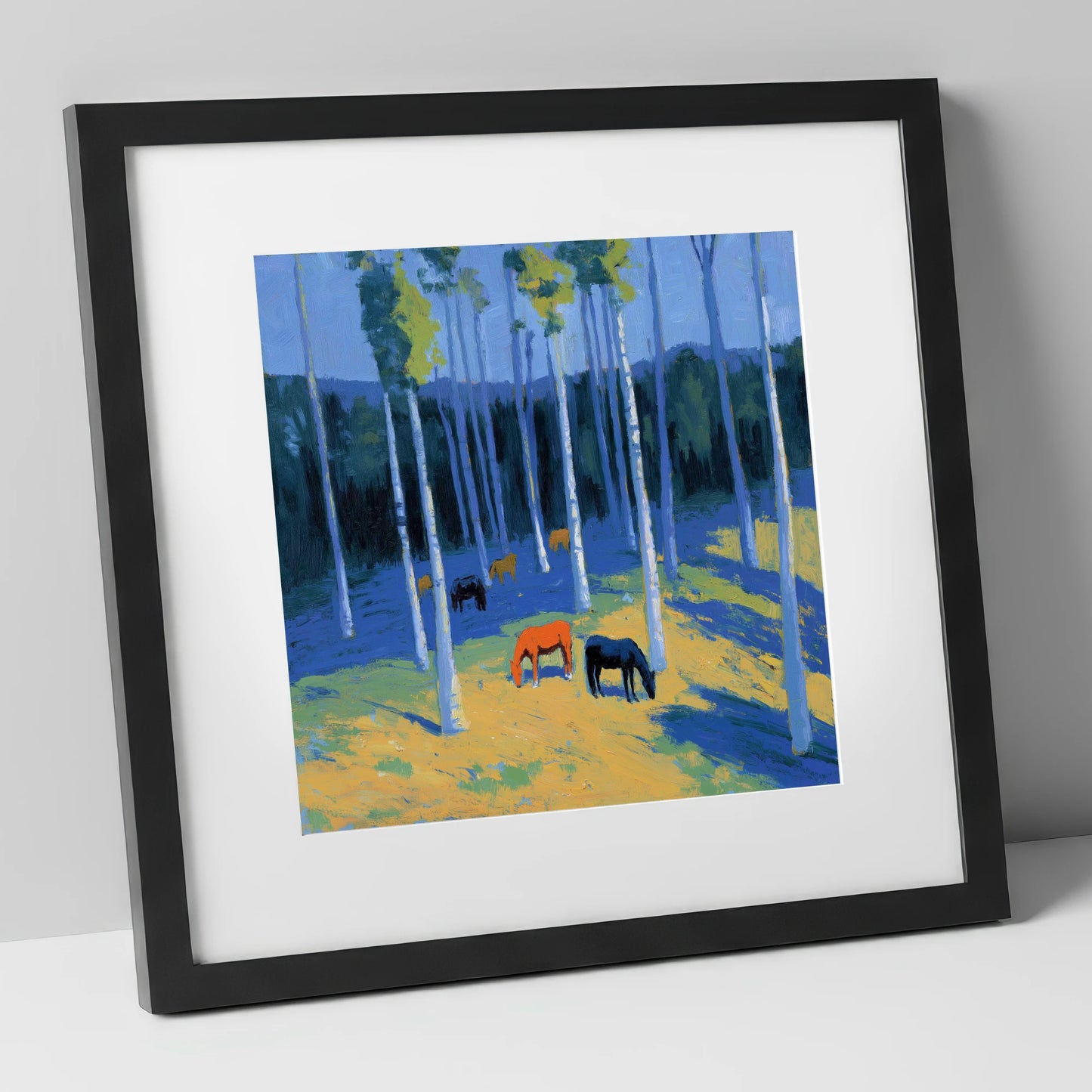 Golden Light in the Azure Grove horse landscape art print in black frame