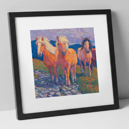 Painted Highland Herd horse landscape art print in black frame