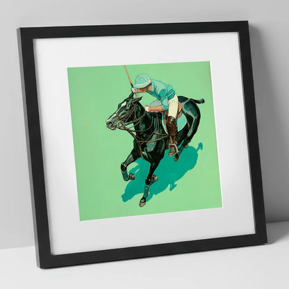 The Teal Chukka polo horse art print in black frame