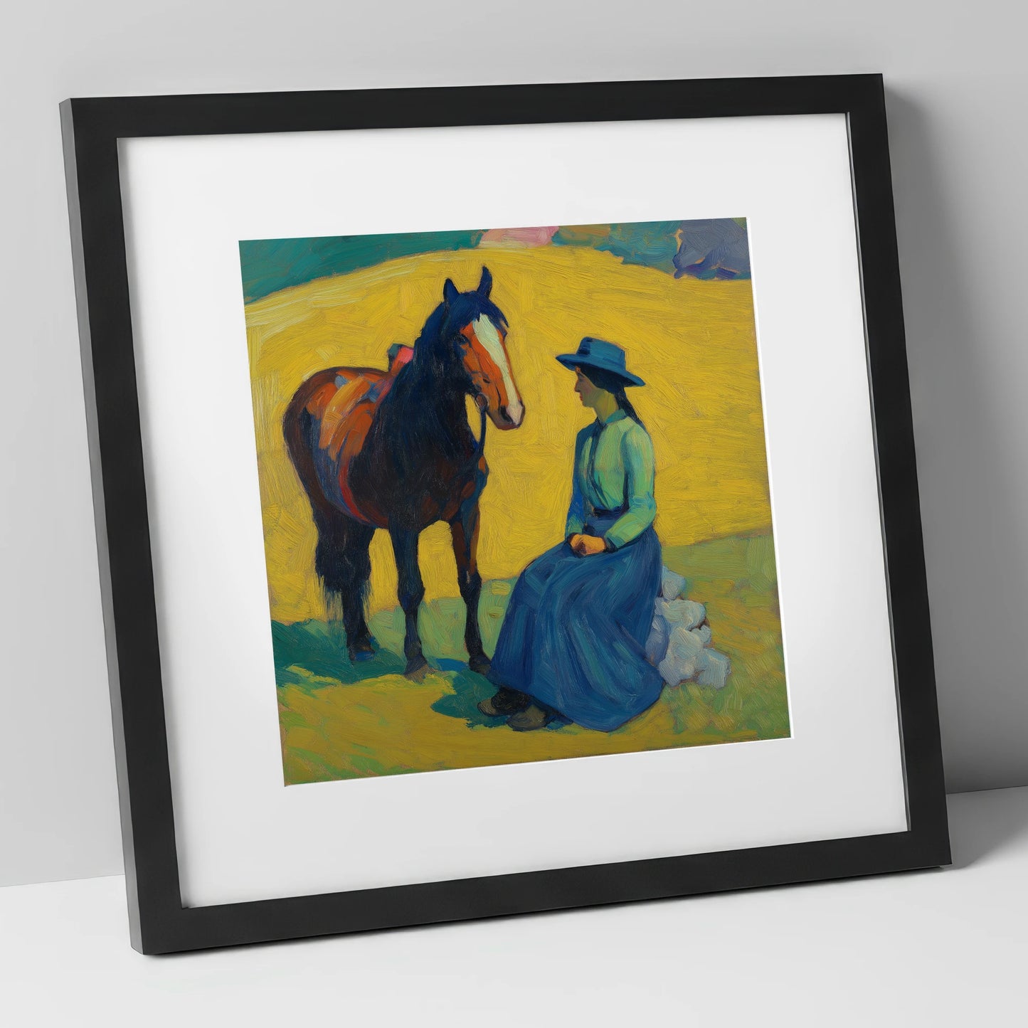 The Radiant Exchange horse & rider art print in black frame