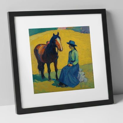 The Radiant Exchange horse & rider art print in black frame