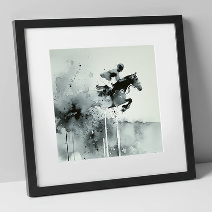 Airborne Shadows show jumping horse art print in black frame