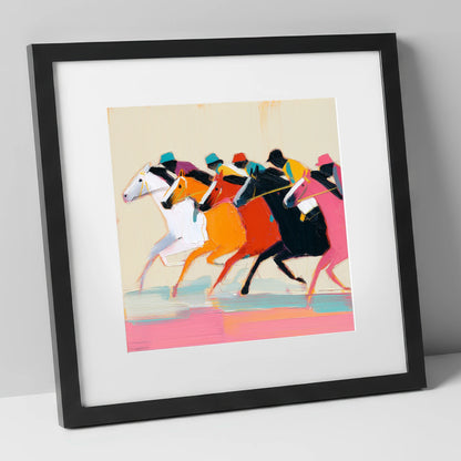 Vibrant Final Furlong racing horse art print in black frame