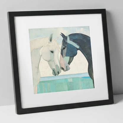 The Gentle Greeting horse portrait art print in black frame