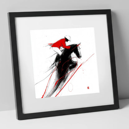 Flight in Crimson show jumping horse art print in black frame