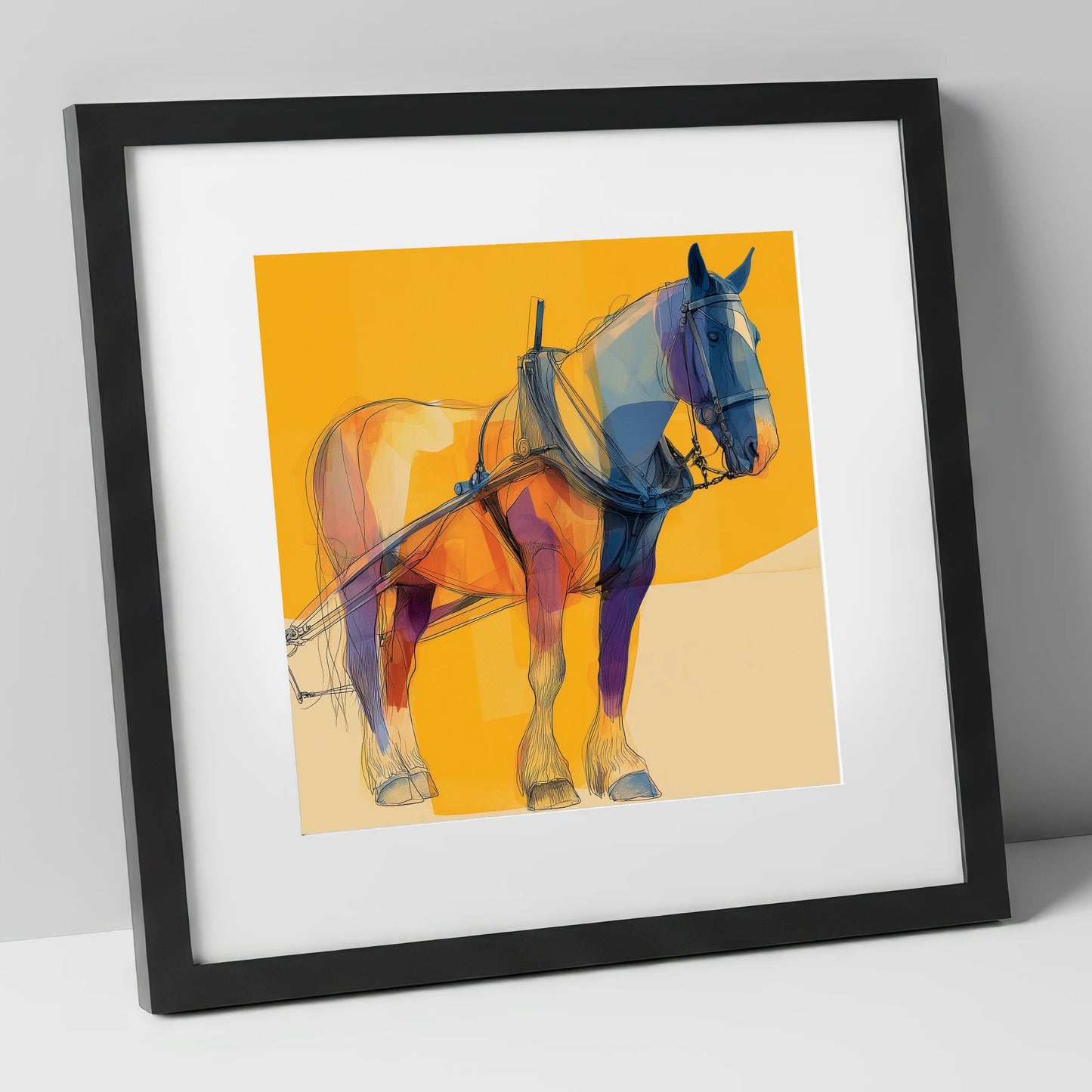 Modern Draught in Harness working horse art print in black frame