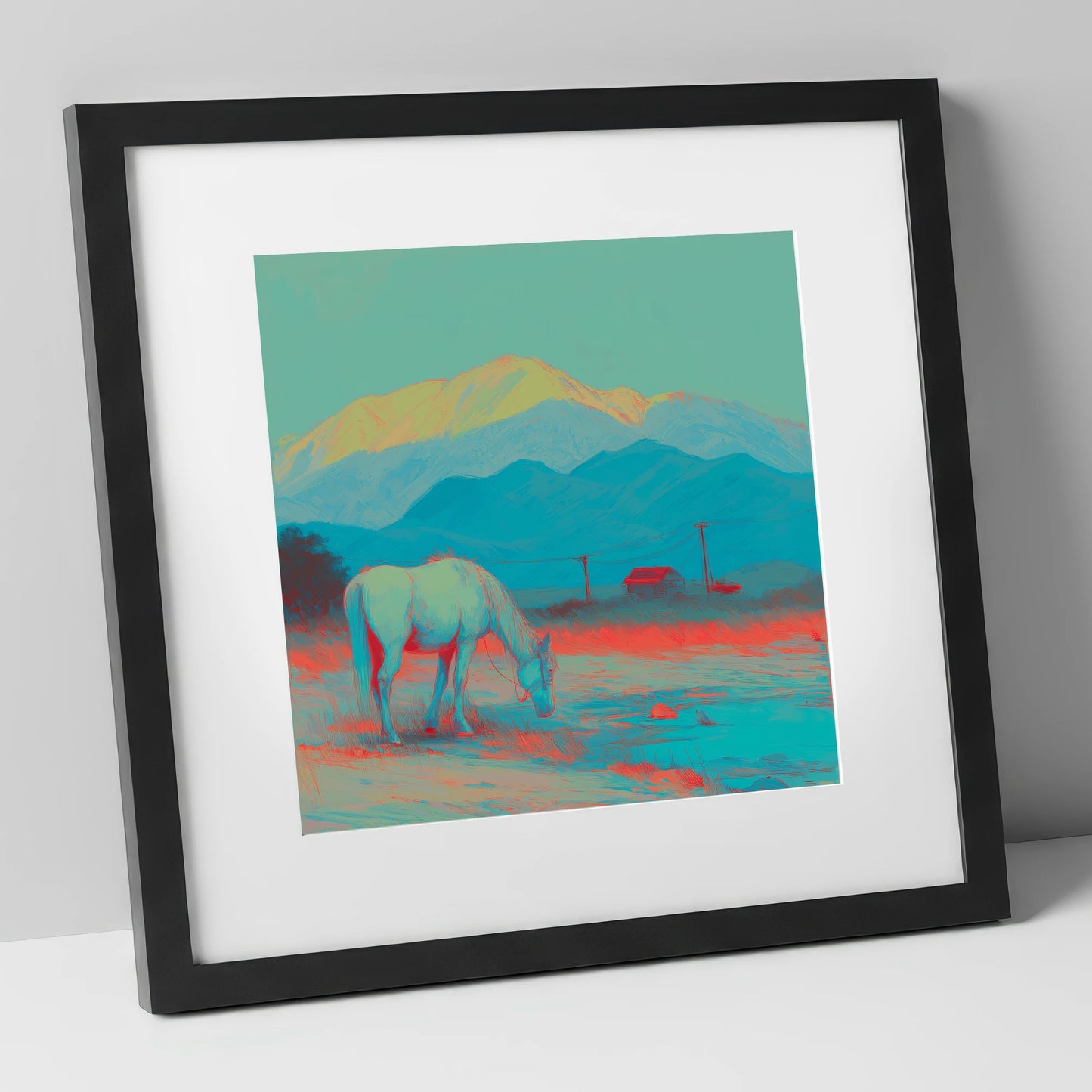 Electric Mountain Grazing horse landscape art print in black frame