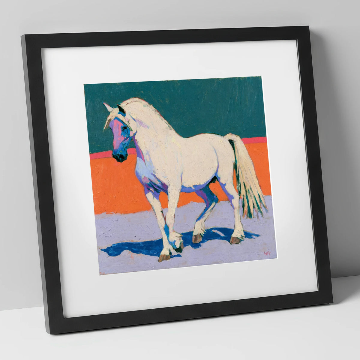 White Horse in Vivid Colours horse breed art print in black frame