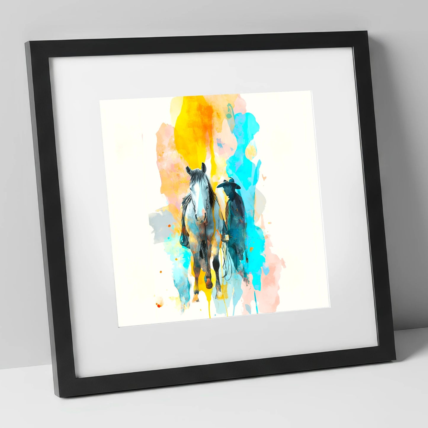 Vibrant Frontier Bond western horse art print in black frame