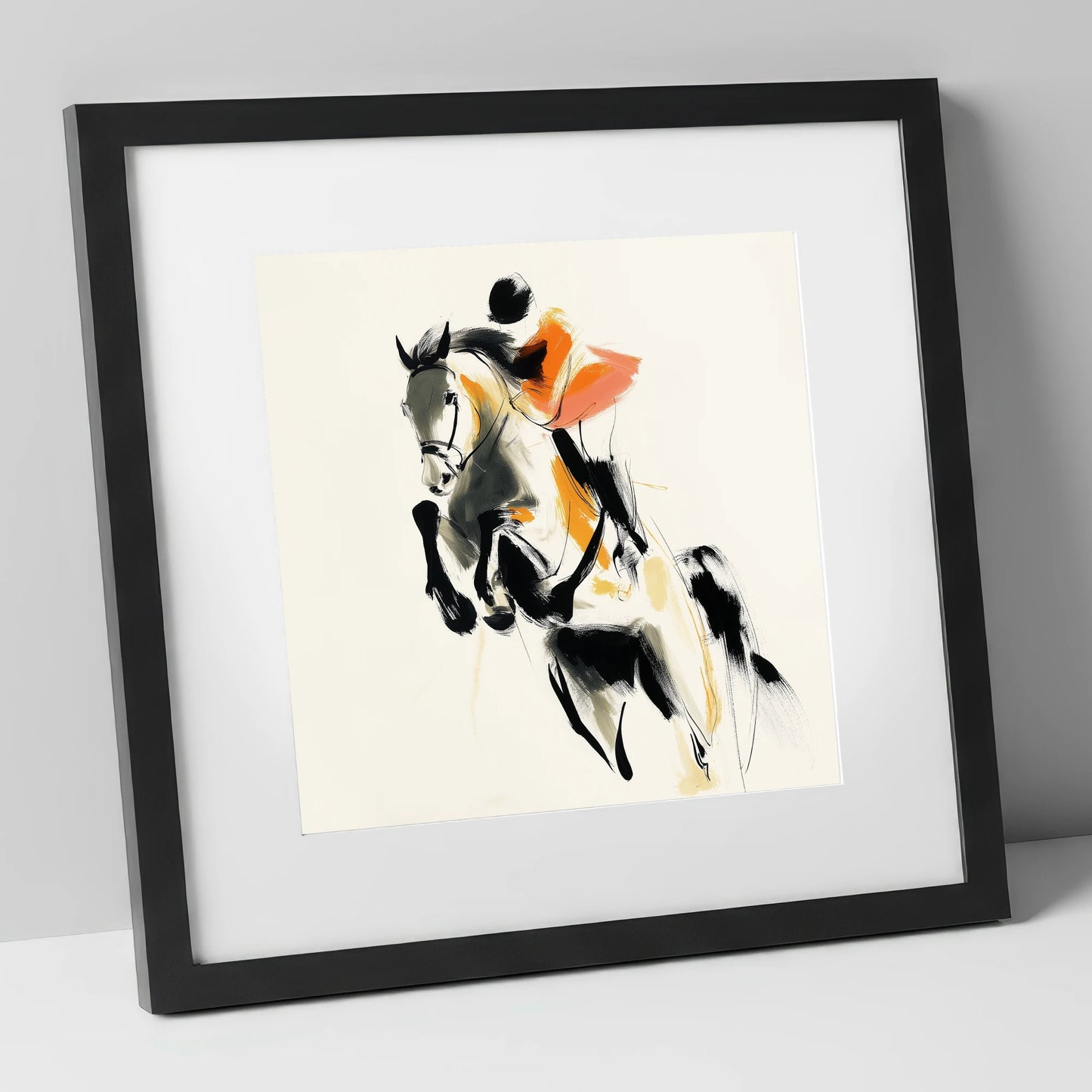 Amber Flight show jumping horse art print in black frame