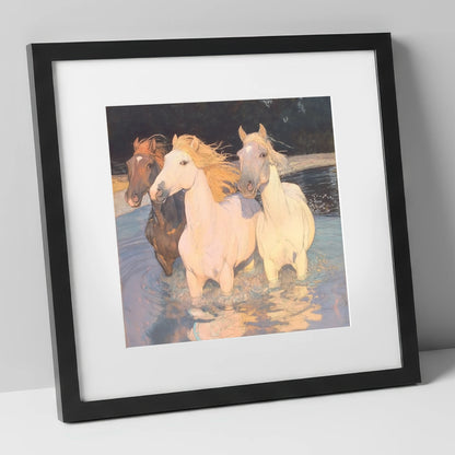 Three in the Shallows wild horses art print in black frame