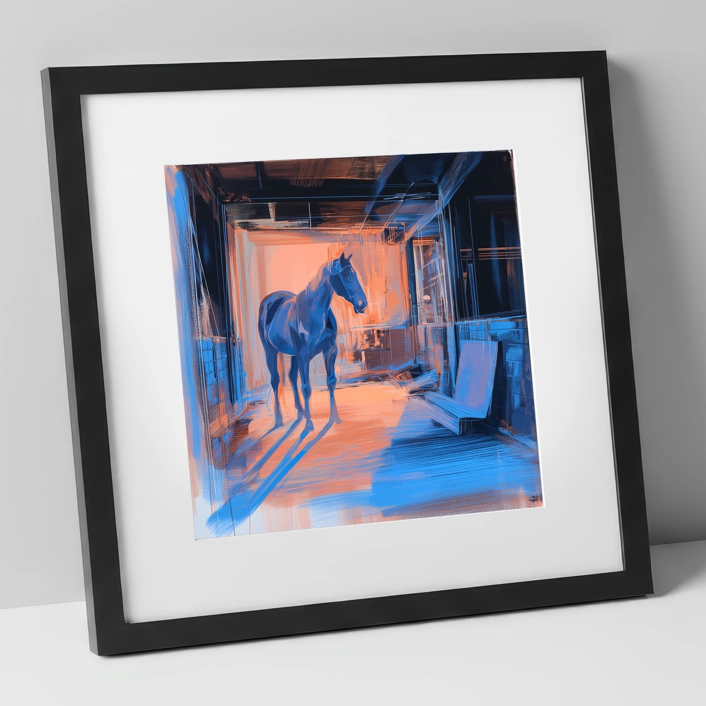 The Quiet Aisle horse stable art print in black frame
