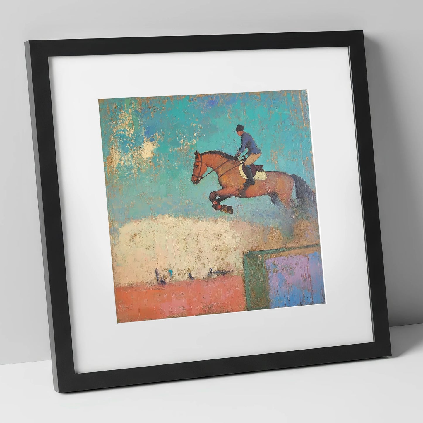 Taking Flight show jumping horse art print in black frame