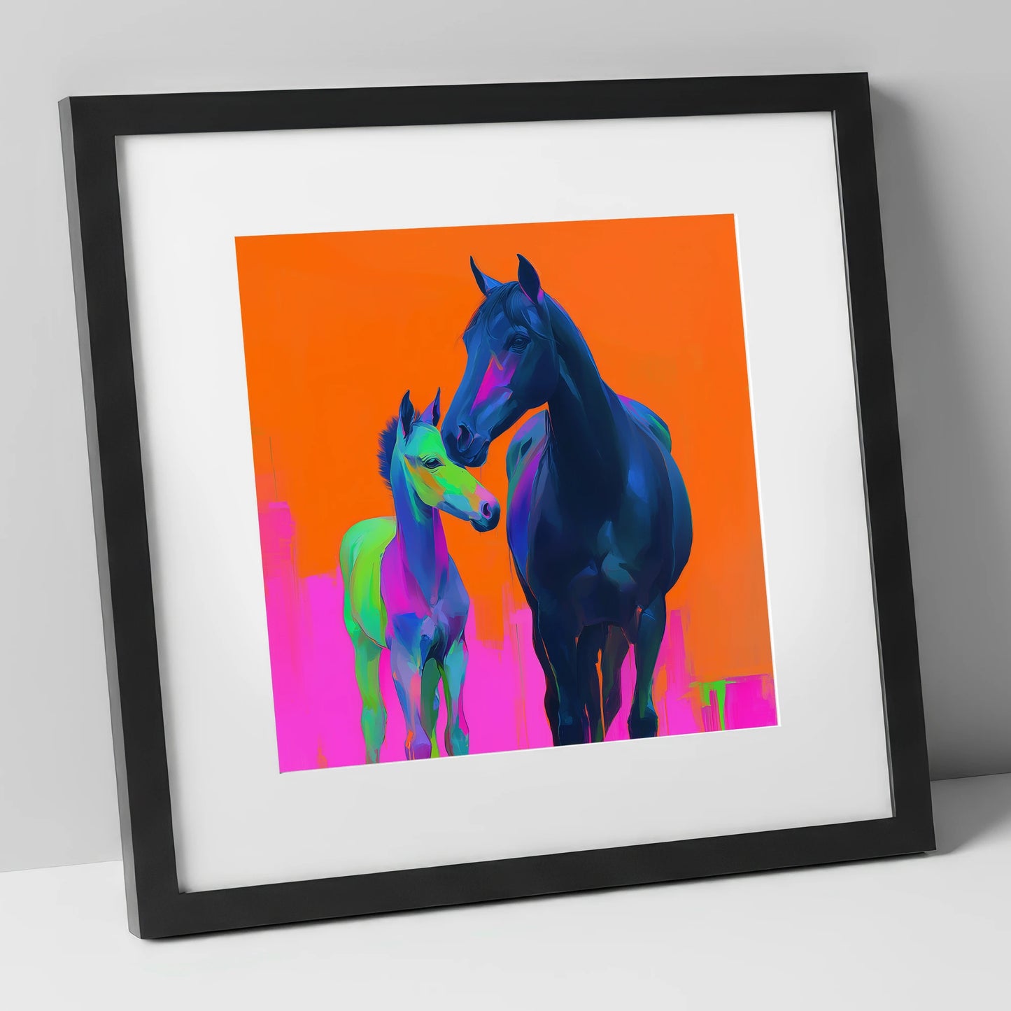 Electric Bond mare & foal art print in black frame