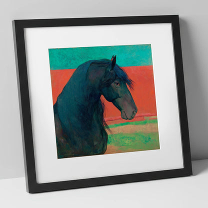 Crimson Horizon Friesian horse breed art print in black frame