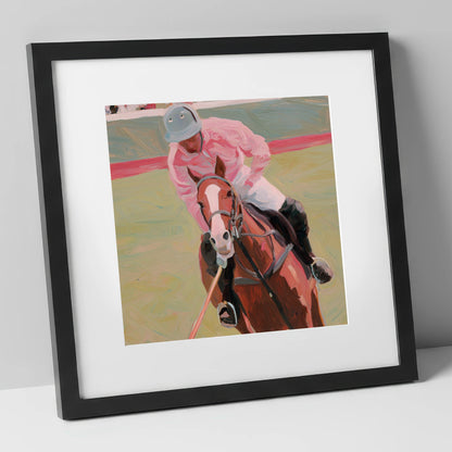 Dusty Pink Pursuit polo horse art print in black frame