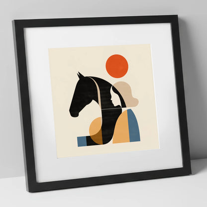 Geometric Equine Harmony horse & rider art print in black frame