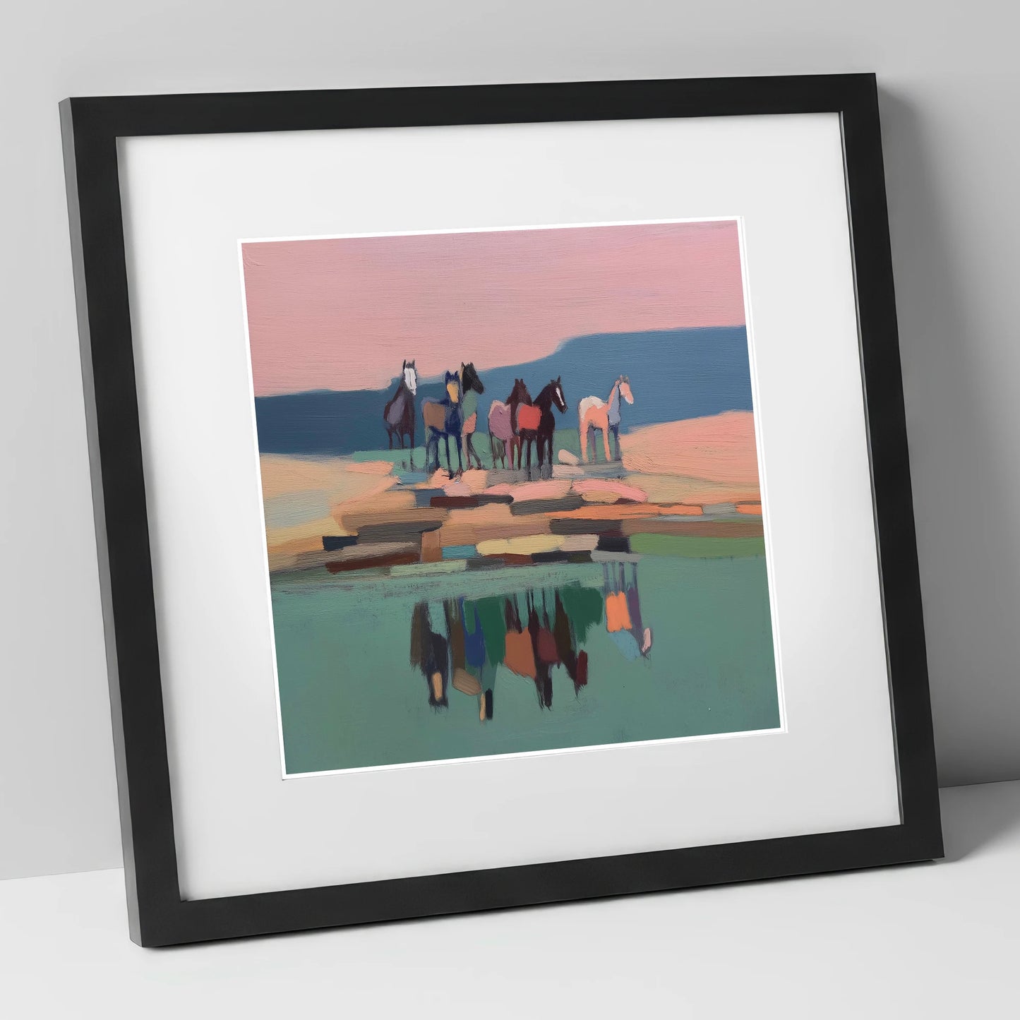 Stillness by the Water wild horses art print in black frame