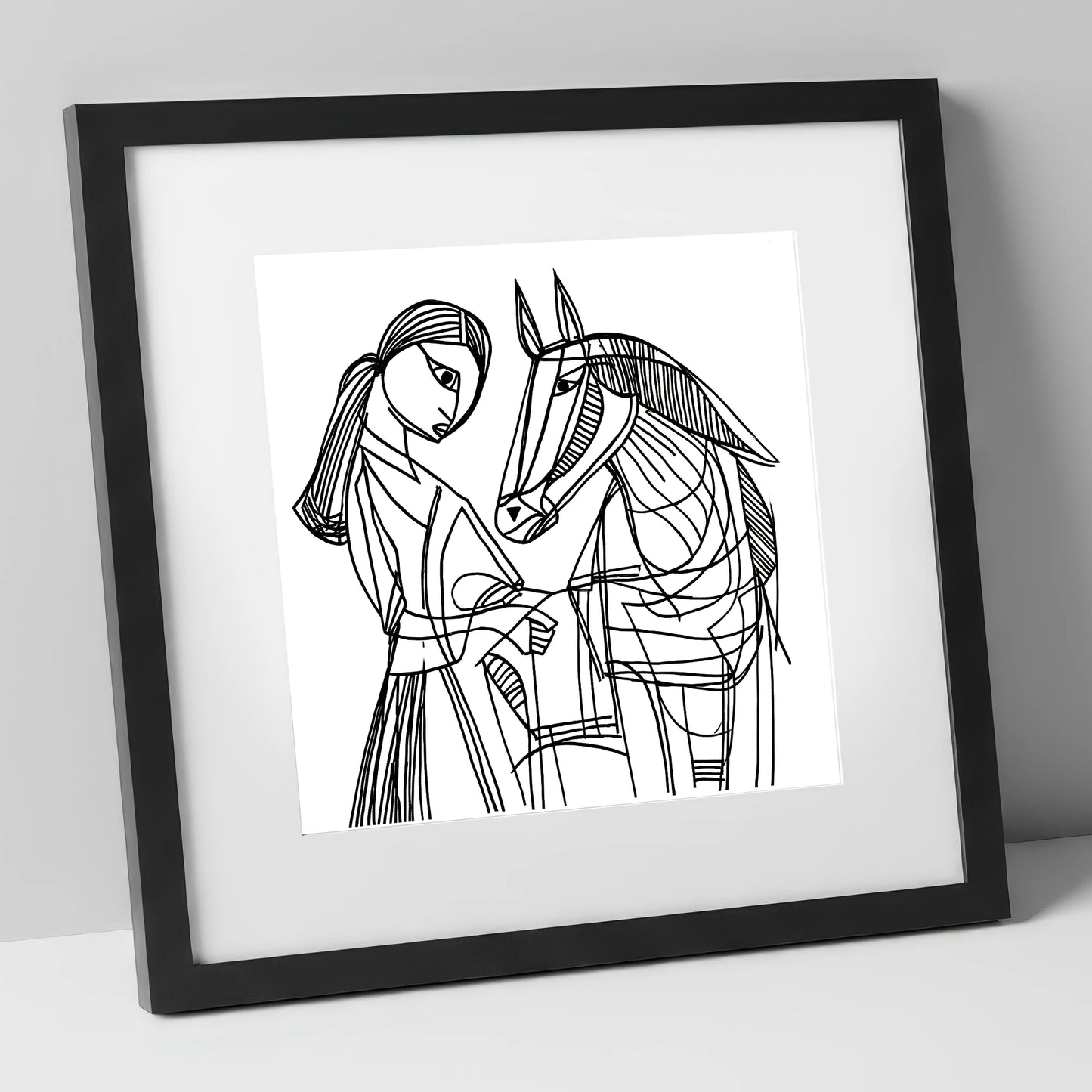 Lines of Connection horse & rider art print in black frame