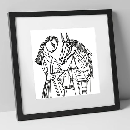 Lines of Connection horse & rider art print in black frame