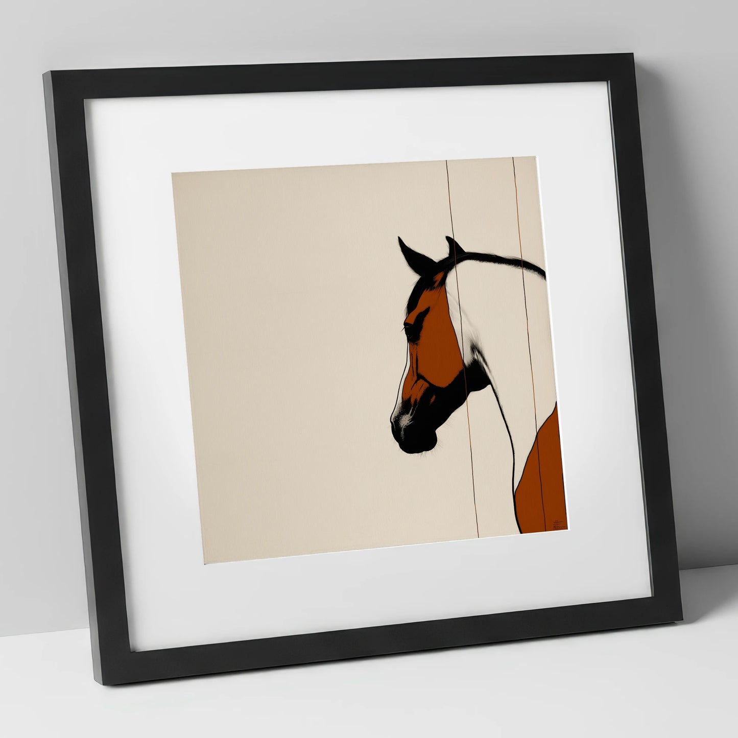 Minimalist Chestnut Silhouette horse portrait art print in black frame