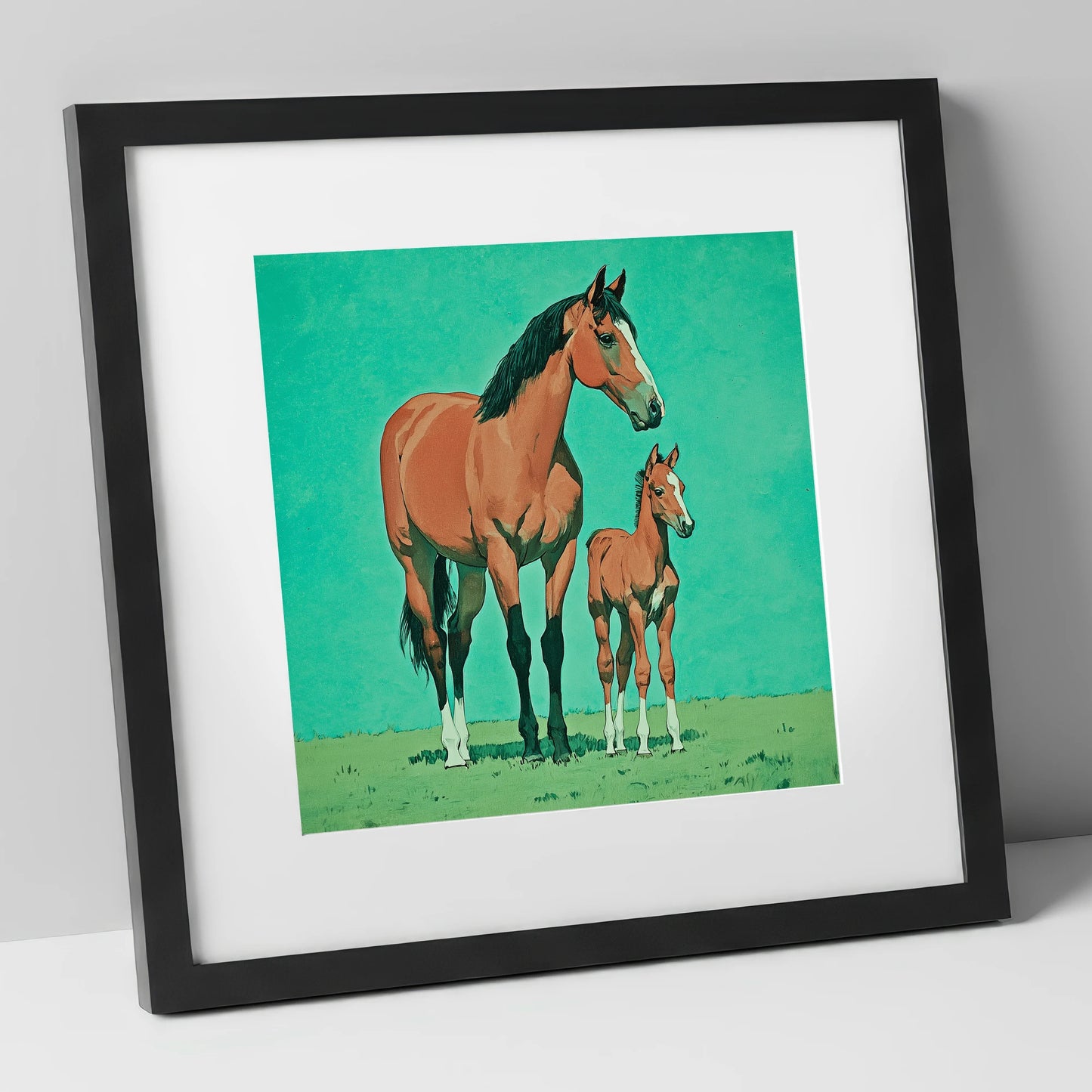 Striking Bay Bloodlines mare & foal art print in black frame