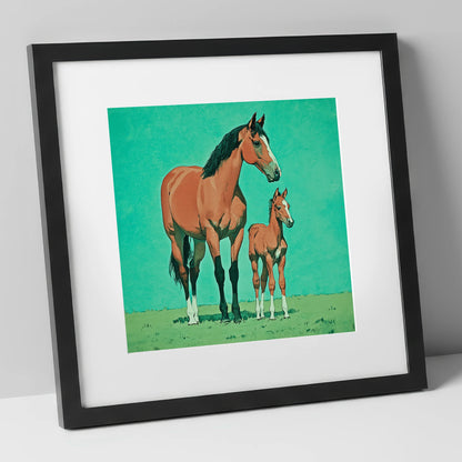 Striking Bay Bloodlines mare & foal art print in black frame