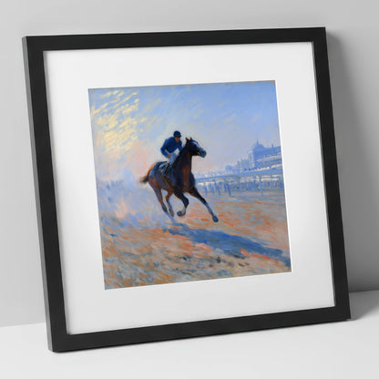 Luminous Morning Gallop racing horse art print in black frame