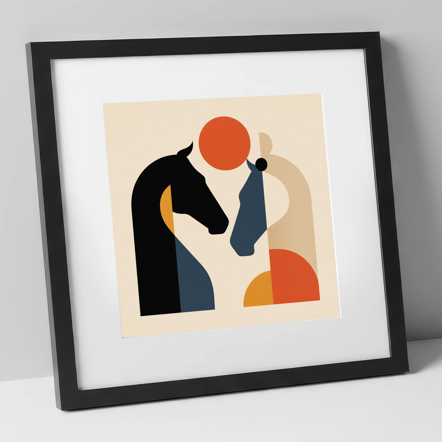 Mid-Century Equine Duo horse portrait art print in black frame