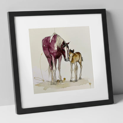 Painted Bond mare & foal art print in black frame