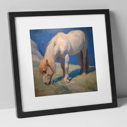 Sunlit Grazing horse breed art print in black frame