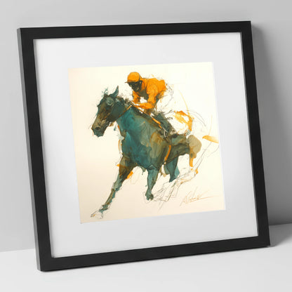 Amber Silks at Speed racing horse art print in black frame