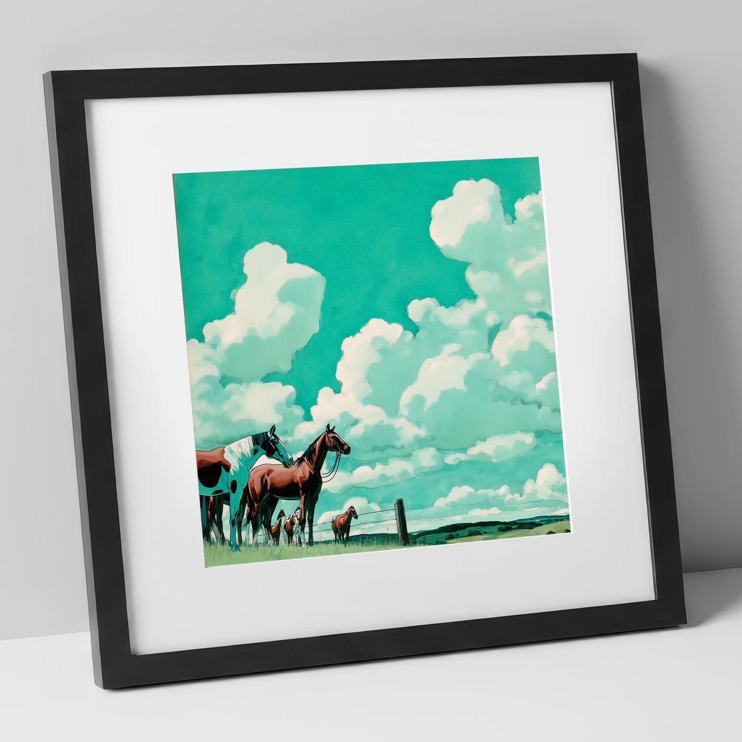 Turquoise Sky Herd horse landscape art print in black frame